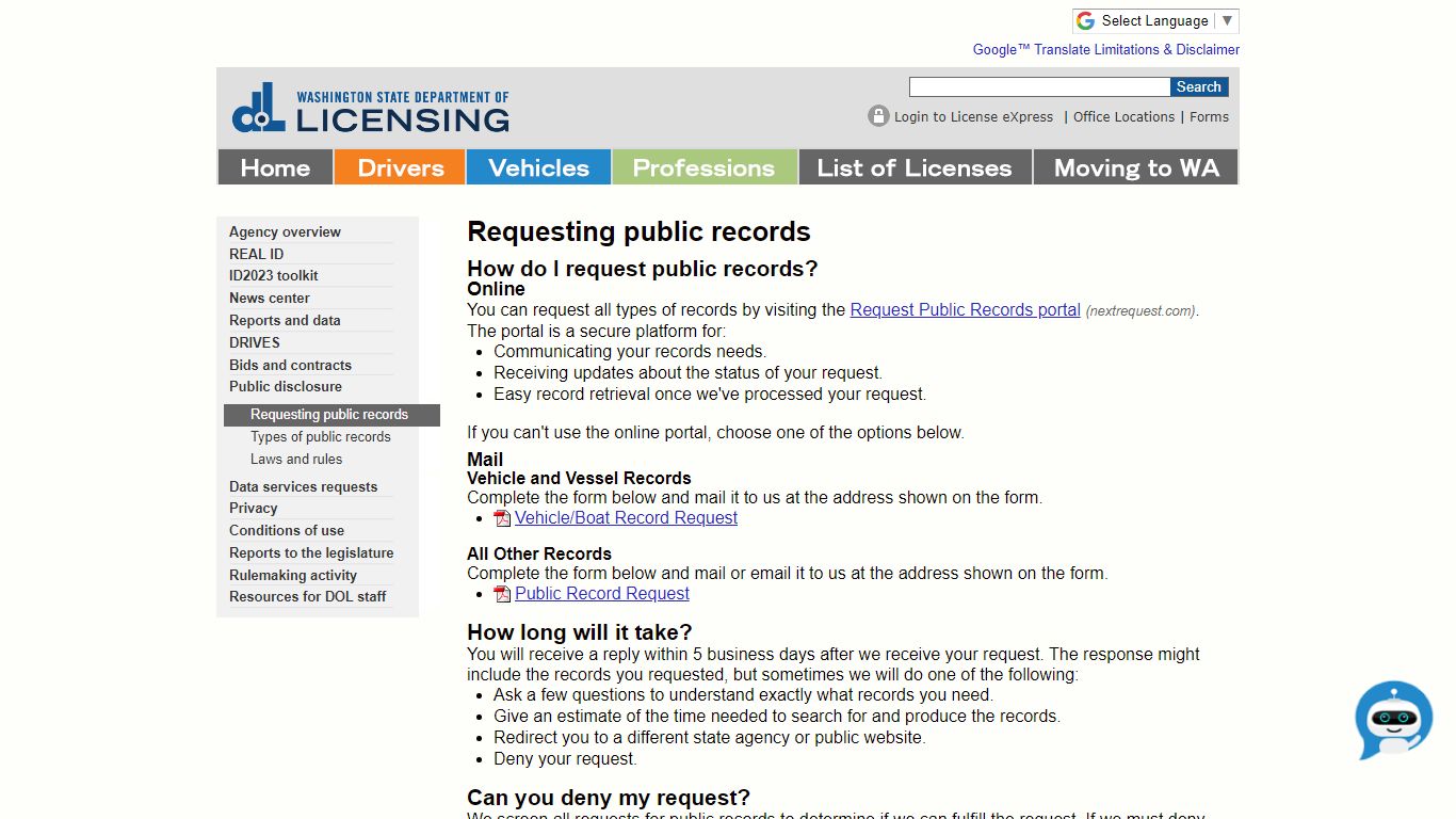 Requesting public records - WA State Licensing (DOL ...