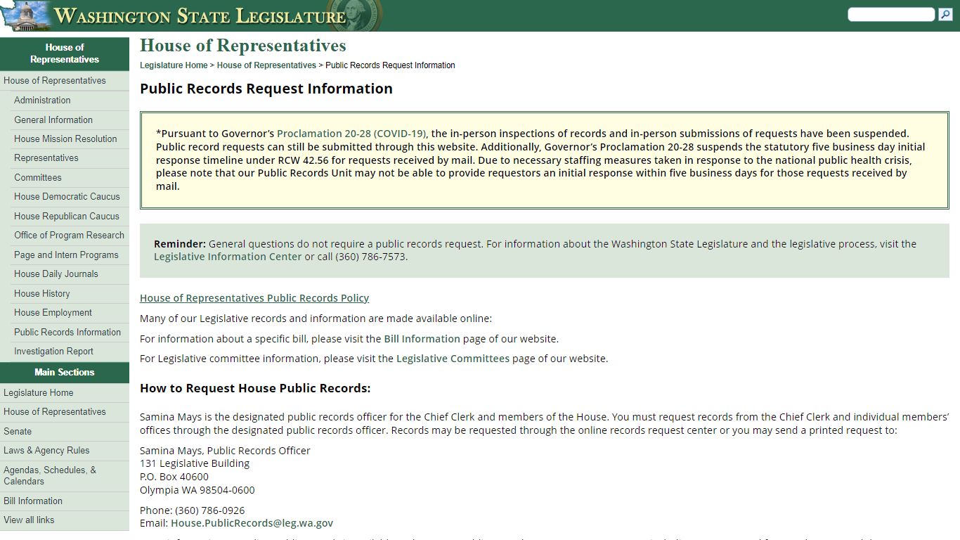 House of Representatives Public Records Request Information
